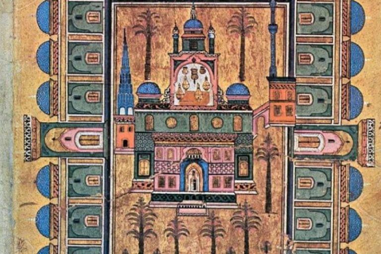 نگاره مینیاتوری مطراقچی از منظره حرم امام حسین (ع)