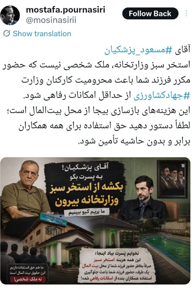 تکذیب شایعه «استخر سبز» از سوی فرزند پزشکیان | برخی پول می‌گیرند تا دروغ بگویند