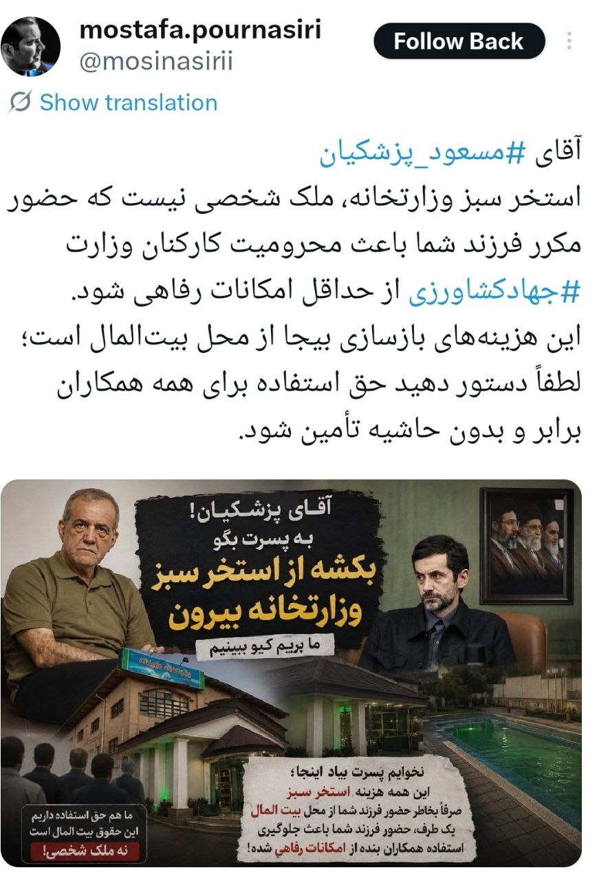 تکذیب شایعه «استخر سبز» از سوی فرزند پزشکیان | برخی پول می‌گیرند تا دروغ بگویند